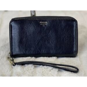 FOSSIL Sydney Black Leather Wristlet Wallet Clutch Zip Around Medium